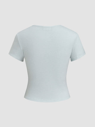 Round Neckline Solid Button Short Sleeve Top