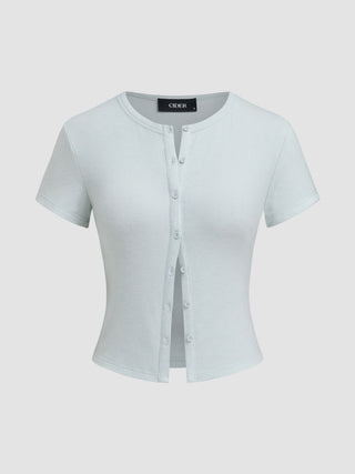 Round Neckline Solid Button Short Sleeve Top