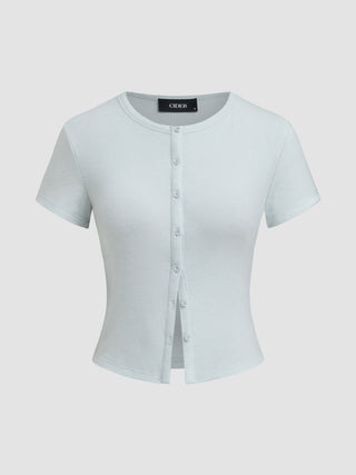 Round Neckline Solid Button Short Sleeve Top