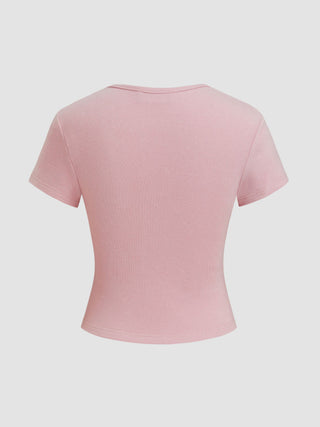 Round Neckline Solid Button Short Sleeve Top