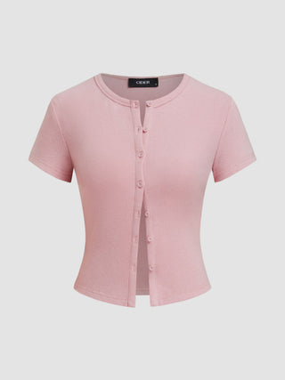 Round Neckline Solid Button Short Sleeve Top