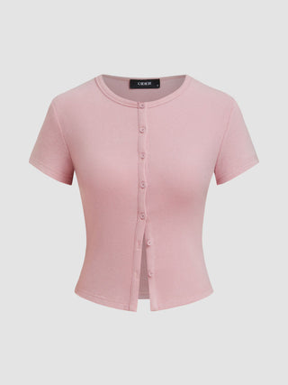 Round Neckline Solid Button Short Sleeve Top