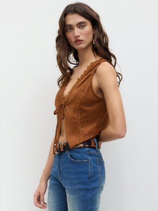 Suede V-Neck Lace Trim Waistcoat