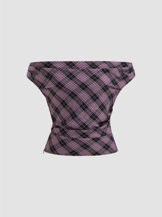 Off-shoulder Tartan Ruched Crop Top