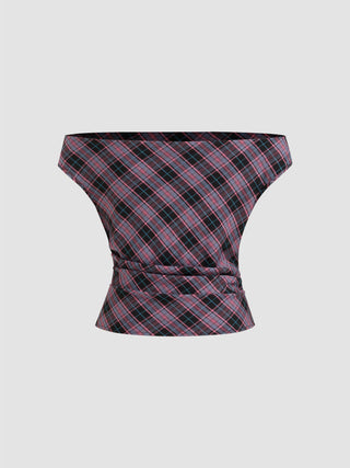 Off-shoulder Tartan Ruched Crop Top