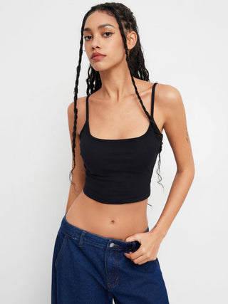 Cotton-blend Scoop Neckline Solid Adjustable Strap Cami Top