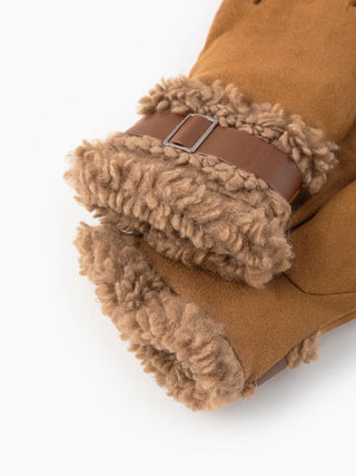 Lamb Wool Faux Leather Belt Design Thick Warm Touchscreen Gloves