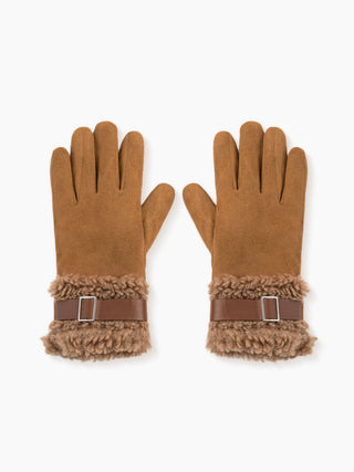 Lamb Wool Faux Leather Belt Design Thick Warm Touchscreen Gloves