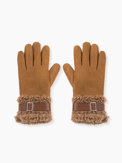 Lamb Wool Faux Leather Belt Design Thick Warm Touchscreen Gloves