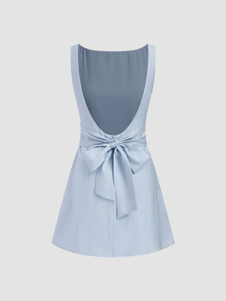 Linen-blend Boat Neck Solid Knotted Backless Mini Dress