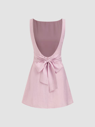 Linen-blend Boat Neck Solid Knotted Backless Mini Dress