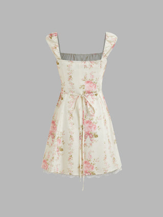Square Neck Floral Knotted Mini Dress