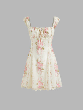 Square Neck Floral Knotted Mini Dress