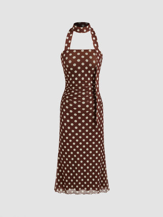 Mesh Halter Neckline Polka Dot Ruched Midi Dress