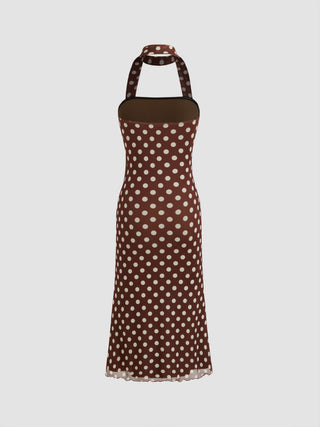 Mesh Halter Neckline Polka Dot Ruched Midi Dress