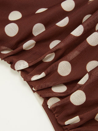 Mesh Halter Neckline Polka Dot Ruched Midi Dress