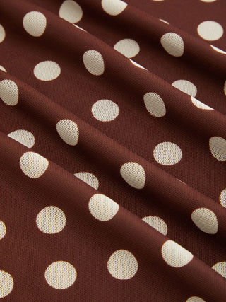 Mesh Halter Neckline Polka Dot Ruched Midi Dress