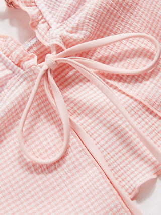 V-neck Gingham Bowknot Lettuce Trim Tankini Bikini Set