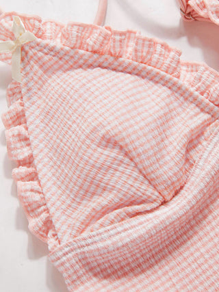 V-neck Gingham Bowknot Lettuce Trim Tankini Bikini Set