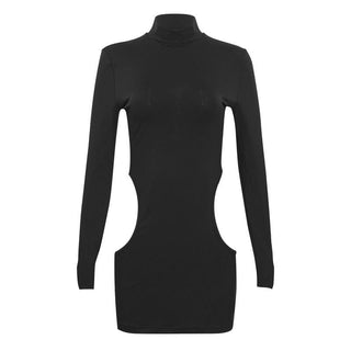Long sleeve high neck hollow out cut out mini dress