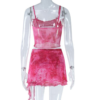 U neck bowknot ruffle mesh cami mini skirt set