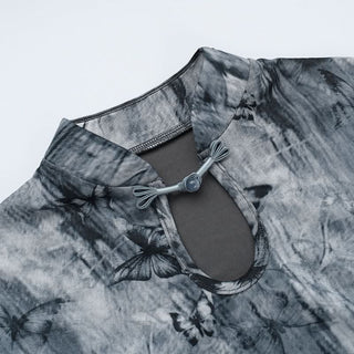 Cap sleeve butterfly print button top