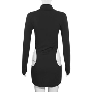 Long sleeve high neck hollow out cut out mini dress