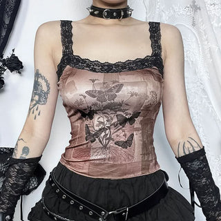 Lace hem butterfly print cami top