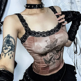 Lace hem butterfly print cami top