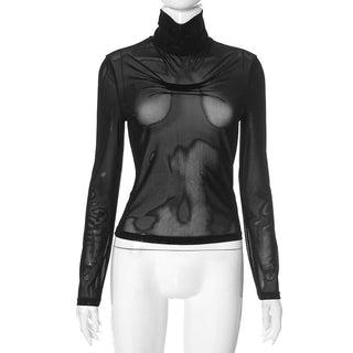 High neck long sleeve mesh top