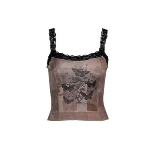 Lace hem butterfly print cami top