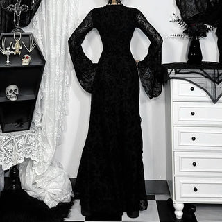 Long flared sleeve lace up mesh slit maxi dress