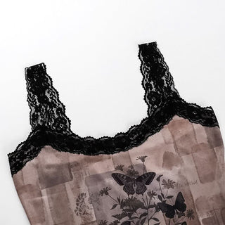 Lace hem butterfly print cami top
