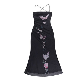 Mesh butterfly print cross back cami maxi dress