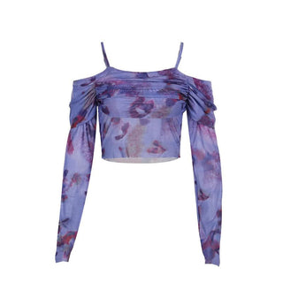 Off shoulder long sleeve mesh print top