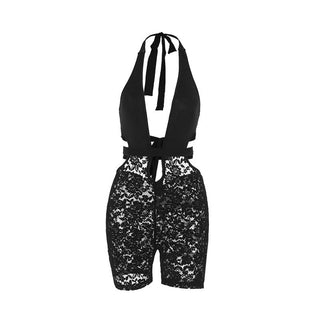 Halter v neck hollow out lace self tie romper