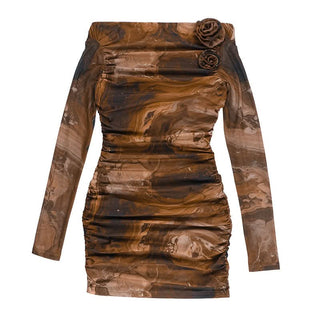 Off shoulder long sleeve flower applique ruched mini dress