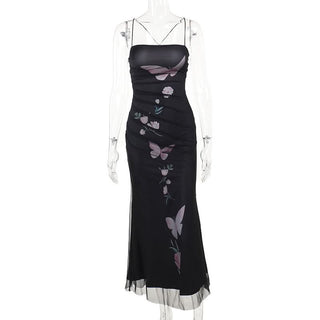 Mesh butterfly print cross back cami maxi dress