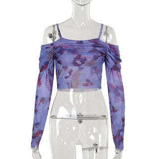 Off shoulder long sleeve mesh print top