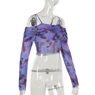 Off shoulder long sleeve mesh print top