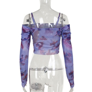 Off shoulder long sleeve mesh print top