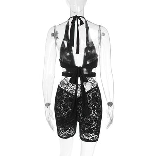 Halter v neck hollow out lace self tie romper