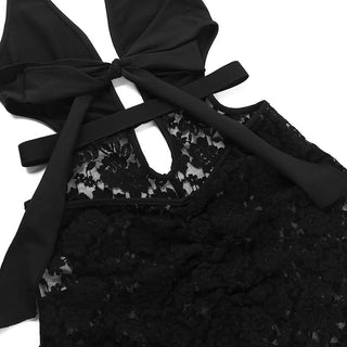 Halter v neck hollow out lace self tie romper