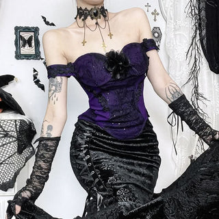 Off shoulder embroidery glitter flower applique top