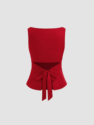 Linen-blend Boat Neckline Solid Bowknot Tank Top