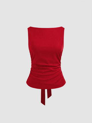 Linen-blend Boat Neckline Solid Bowknot Tank Top