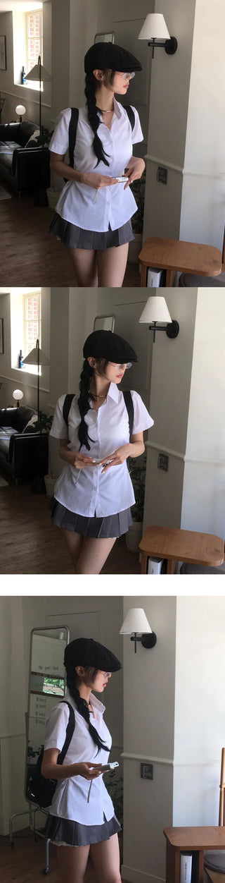 Snap Button Two-Way Short Sleeve Shirt with a Convex Line - 3 Colors