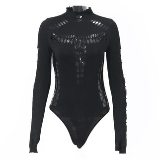 High neck long sleeve spider web hollow out bodysuit