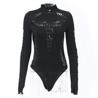 High neck long sleeve spider web hollow out bodysuit