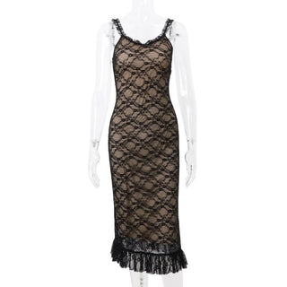 V neck lace hem ruffle mesh cami maxi dress